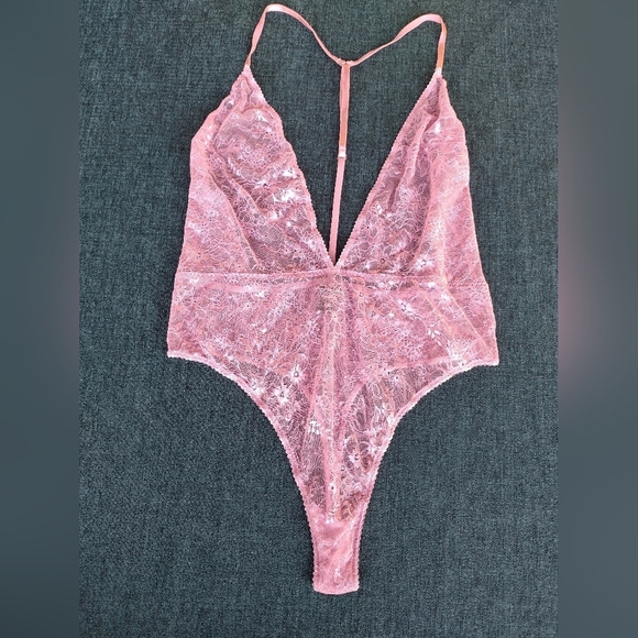 Victoria's Secret Other - Victorias Secret Lace Plunge Bodysuit Sheer Teddy Teddy Pink XL